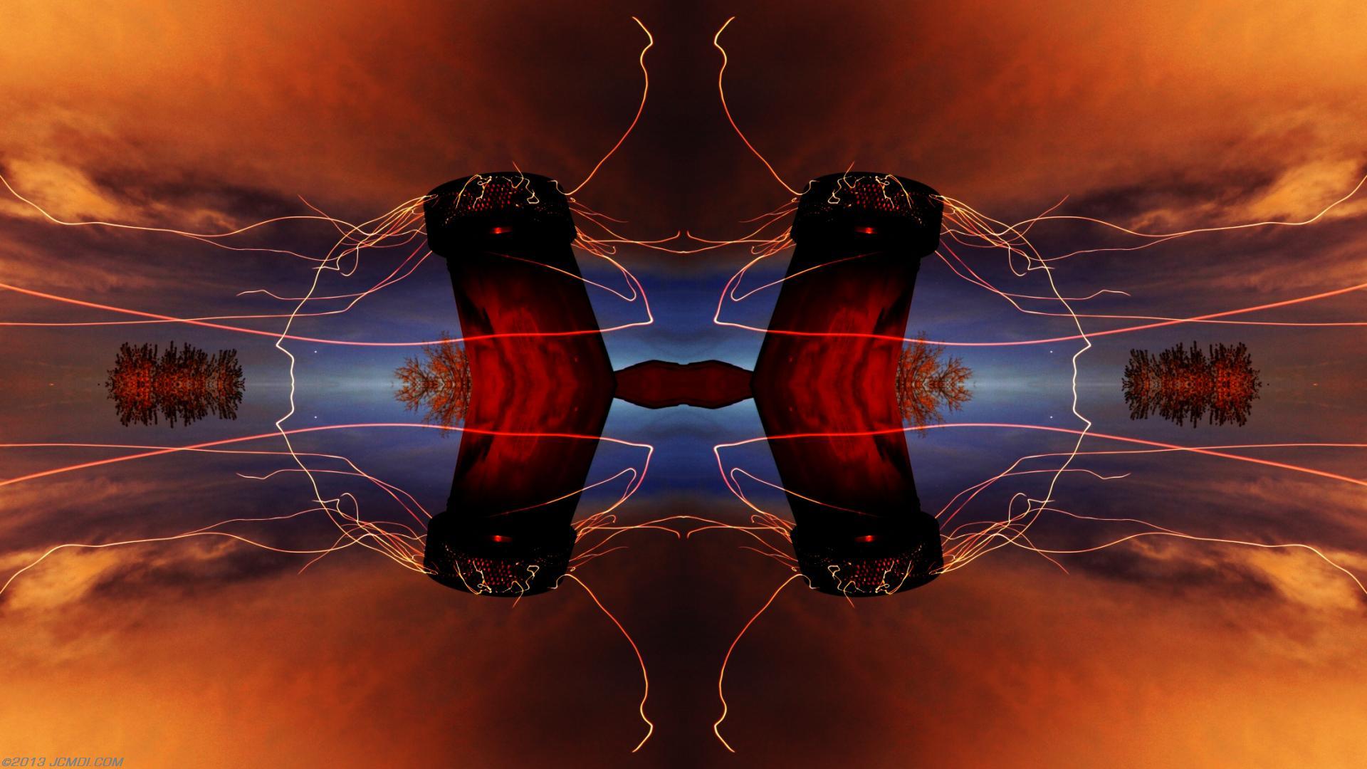 Quadroscopic composite trails: Zoomed 5D clouds moon chimney sparks and stars